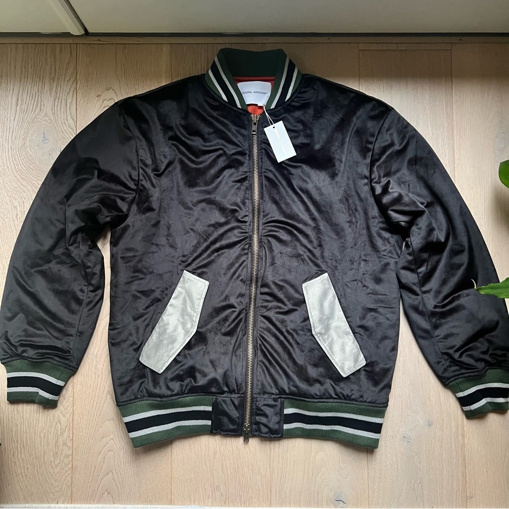 Men's Black and Gray Bomber Jacket with Green Accents